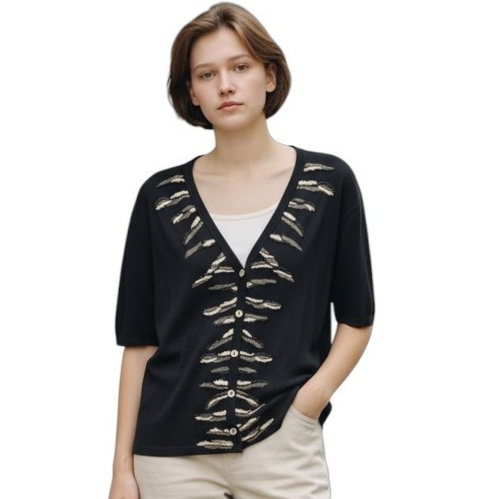 Black Embroidered Cardigan‎ Soft Knit Short Sleeve Womens Sboulder Pads Large
